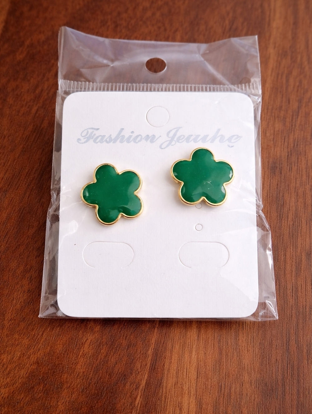 Green Clover Set Gold Tone Necklace & Stud Earrings Matching Set Alhambra Style - Picture 4 of 4
